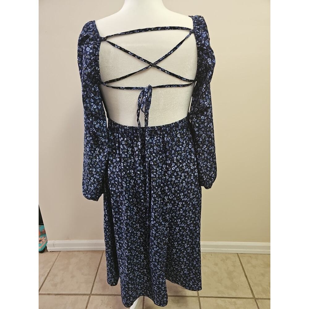 Navy Blue Floral Midi Dress Open Back Size XL